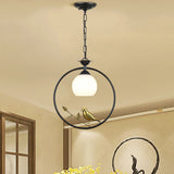 Cottage Bird Suspension Light 1-Light Iron Pendant Light Fixture with Opal Glass Shade Clearhalo 'Ceiling Lights' 'Chandeliers' 'Glass shade' 'Glass' 'Pendant Lights' 'Pendants' Lighting' 2091759