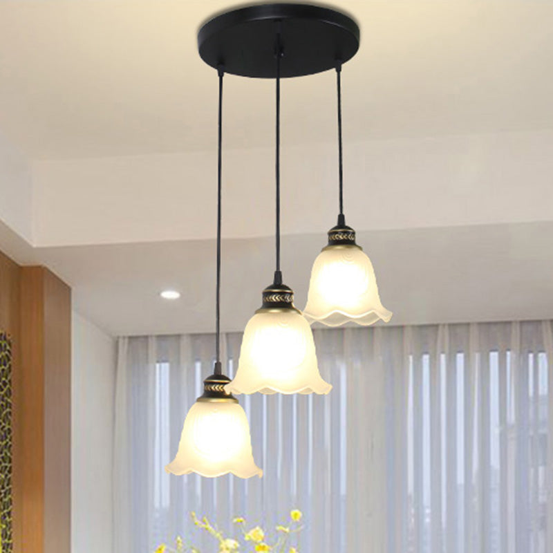 Opal Glass Bell Shade Hanging Light Rustic Dining Room Pendant Light with Scalloped Trim in Black 3 Black Round Clearhalo 'Ceiling Lights' 'Glass shade' 'Glass' 'Pendant Lights' 'Pendants' Lighting' 2091780