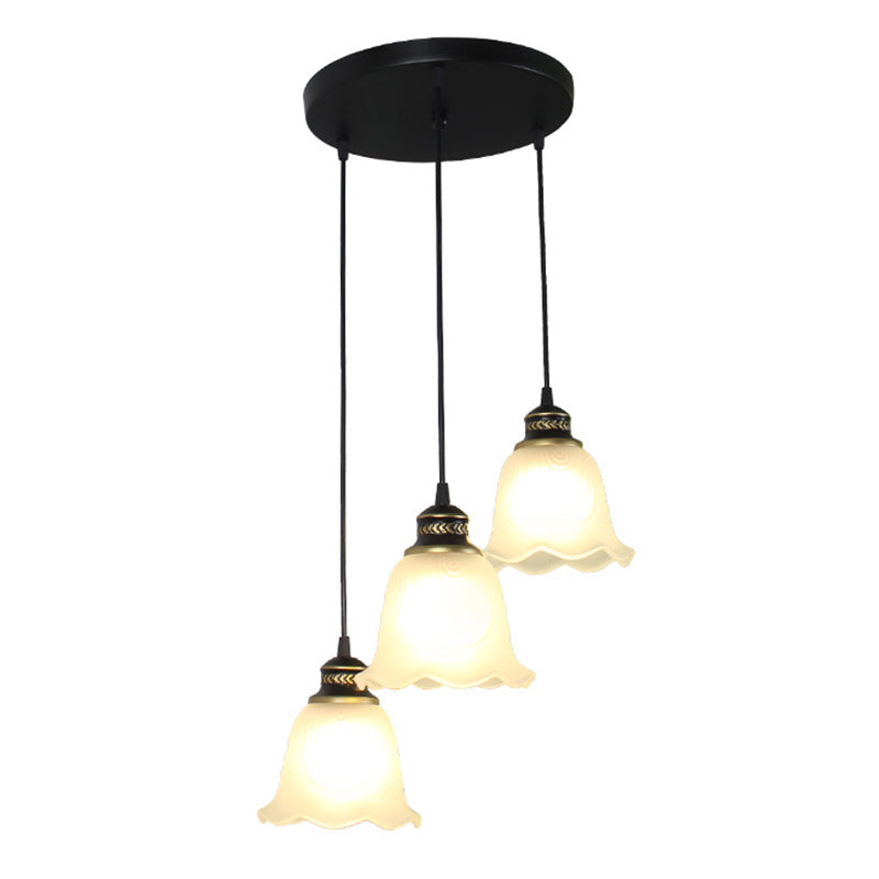 Opal Glass Bell Shade Hanging Light Rustic Dining Room Pendant Light with Scalloped Trim in Black Clearhalo 'Ceiling Lights' 'Glass shade' 'Glass' 'Pendant Lights' 'Pendants' Lighting' 2091781