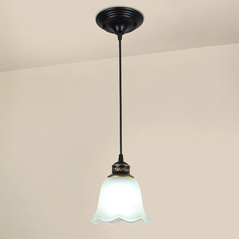 Opal Glass Bell Shade Hanging Light Rustic Dining Room Pendant Light with Scalloped Trim in Black Clearhalo 'Ceiling Lights' 'Glass shade' 'Glass' 'Pendant Lights' 'Pendants' Lighting' 2091783