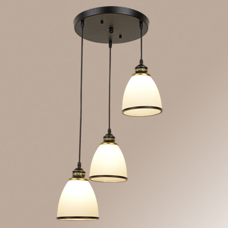 Traditional Bell Shade Multi Ceiling Light Cream Glass Suspension Lighting for Living Room 3 Black Round Clearhalo 'Ceiling Lights' 'Chandeliers' 'Glass shade' 'Glass' 'Pendant Lights' 'Pendants' Lighting' 2091787