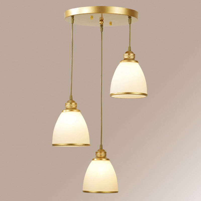 Traditional Bell Shade Multi Ceiling Light Cream Glass Suspension Lighting for Living Room 3 Gold Round Clearhalo 'Ceiling Lights' 'Chandeliers' 'Glass shade' 'Glass' 'Pendant Lights' 'Pendants' Lighting' 2091789