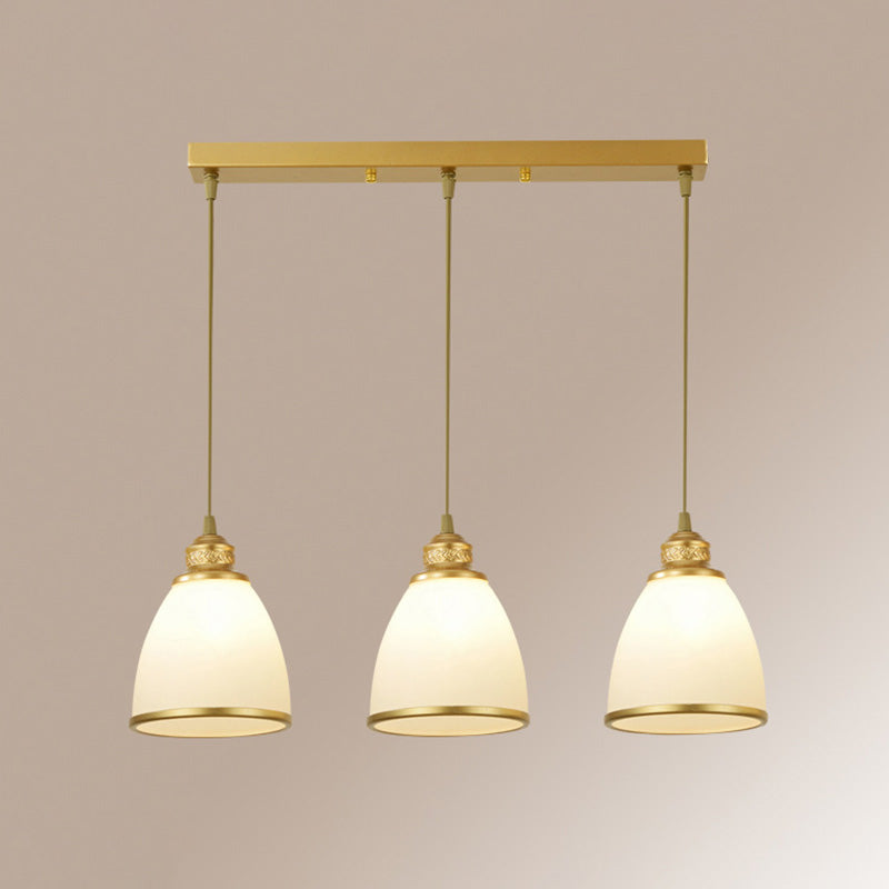 Traditional Bell Shade Multi Ceiling Light Cream Glass Suspension Lighting for Living Room 3 Gold Linear Clearhalo 'Ceiling Lights' 'Chandeliers' 'Glass shade' 'Glass' 'Pendant Lights' 'Pendants' Lighting' 2091792