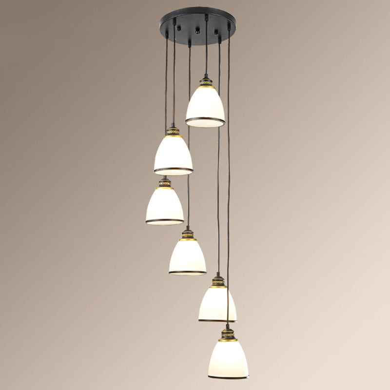Traditional Bell Shade Multi Ceiling Light Cream Glass Suspension Lighting for Living Room 6 Black Round Clearhalo 'Ceiling Lights' 'Chandeliers' 'Glass shade' 'Glass' 'Pendant Lights' 'Pendants' Lighting' 2091793