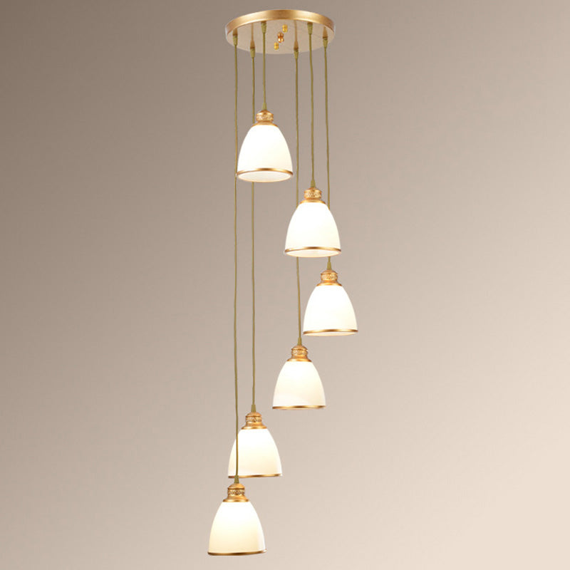 Traditional Bell Shade Multi Ceiling Light Cream Glass Suspension Lighting for Living Room 6 Gold Round Clearhalo 'Ceiling Lights' 'Chandeliers' 'Glass shade' 'Glass' 'Pendant Lights' 'Pendants' Lighting' 2091794