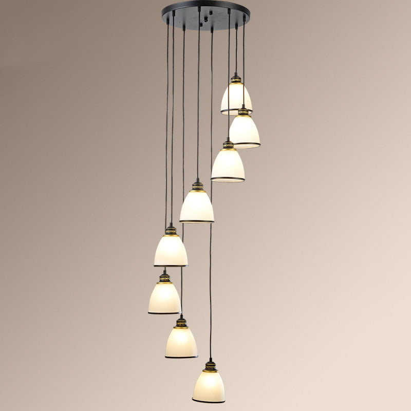 Traditional Bell Shade Multi Ceiling Light Cream Glass Suspension Lighting for Living Room 8 Black Round Clearhalo 'Ceiling Lights' 'Chandeliers' 'Glass shade' 'Glass' 'Pendant Lights' 'Pendants' Lighting' 2091795