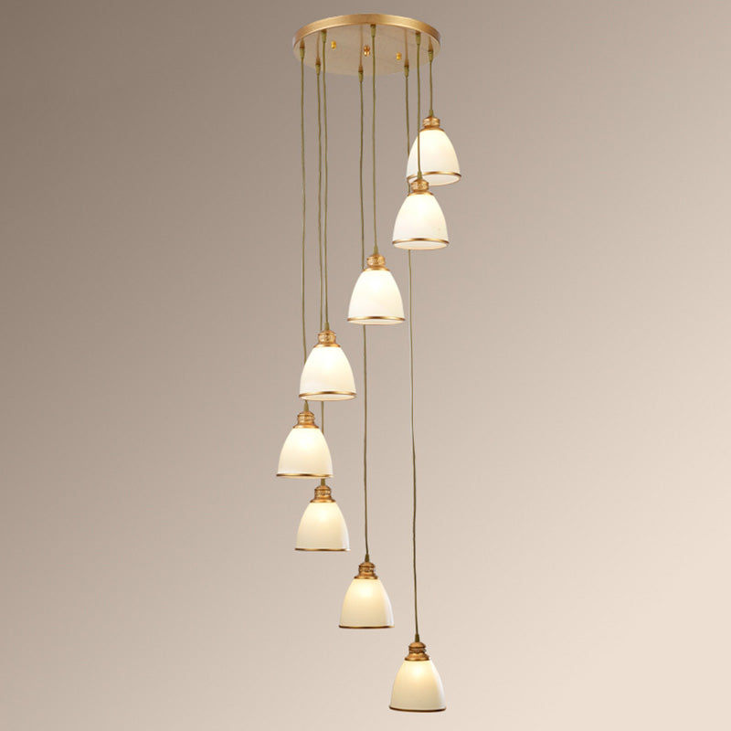 Traditional Bell Shade Multi Ceiling Light Cream Glass Suspension Lighting for Living Room 8 Gold Round Clearhalo 'Ceiling Lights' 'Chandeliers' 'Glass shade' 'Glass' 'Pendant Lights' 'Pendants' Lighting' 2091796