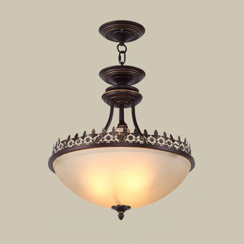 3 Bulbs Chandelier Pendant Light Vintage Bowl Frosted Glass Hanging Light in Black Clearhalo 'Ceiling Lights' 'Chandeliers' 'Glass shade' 'Glass' Lighting' 2091803