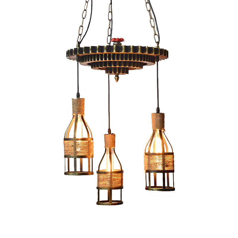 3-Light Rope and Metal Hanging Chandelier Industrial Bronze Bottle Dining Room Pendant Light Fixture with Gear Clearhalo 'Cast Iron' 'Ceiling Lights' 'Chandeliers' 'Industrial Chandeliers' 'Industrial' 'Metal' 'Middle Century Chandeliers' 'Rustic Chandeliers' 'Tiffany' Lighting' 209181