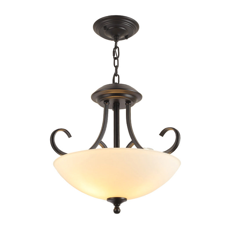Iron Swirled Arm Ceiling Light Retro 3 Heads Dining Room Chandelier Light with Bowl White Glass Shade in Black Clearhalo 'Ceiling Lights' 'Chandeliers' 'Glass shade' 'Glass' Lighting' 2091812