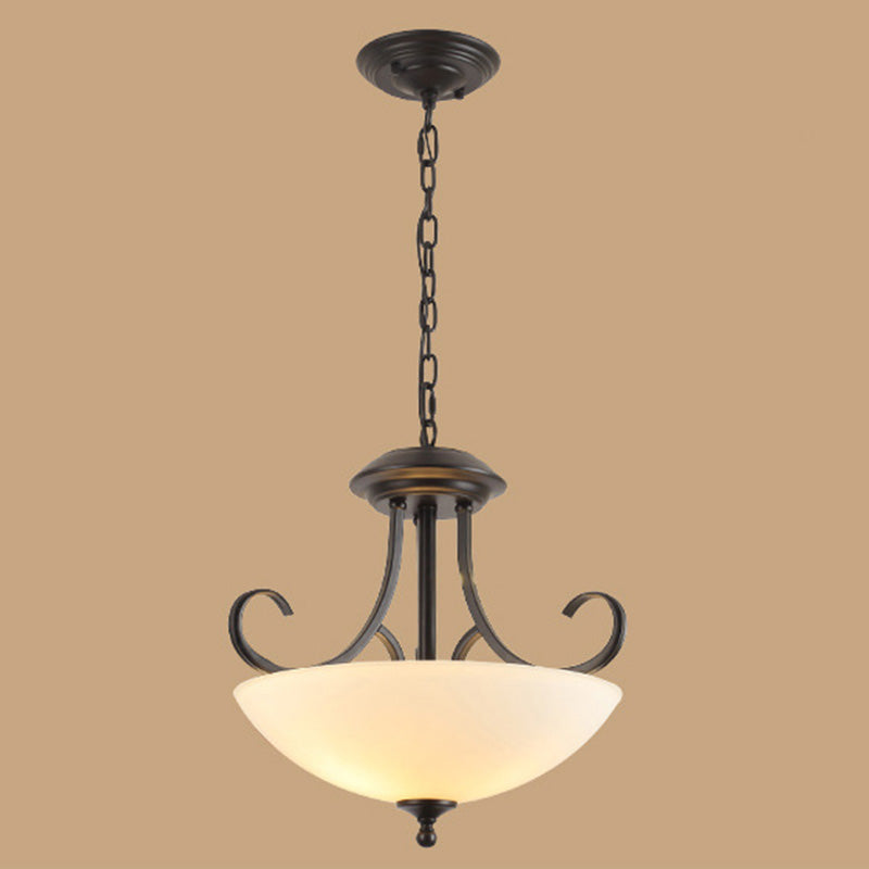 Iron Swirled Arm Ceiling Light Retro 3 Heads Dining Room Chandelier Light with Bowl White Glass Shade in Black Clearhalo 'Ceiling Lights' 'Chandeliers' 'Glass shade' 'Glass' Lighting' 2091814