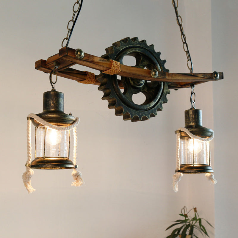 2 Lights Ceiling Light Coastal Kerosene Clear Glass Hanging Chandelier in Bronze with Gear Bronze Clearhalo 'Cast Iron' 'Ceiling Lights' 'Chandeliers' 'Industrial Chandeliers' 'Industrial' 'Metal' 'Middle Century Chandeliers' 'Rustic Chandeliers' 'Tiffany' Lighting' 209183