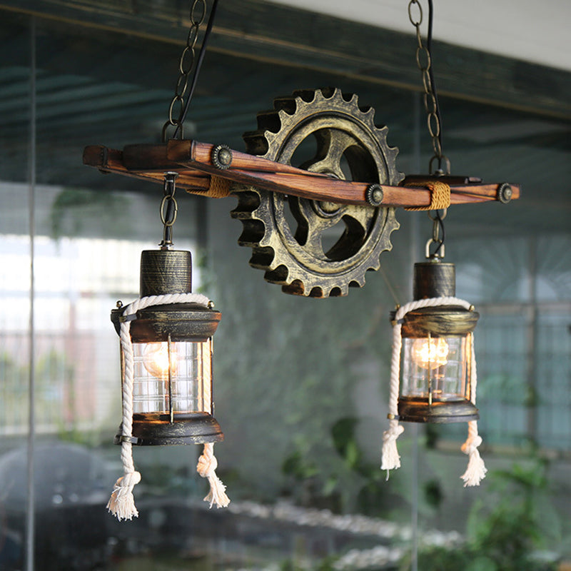 2 Lights Ceiling Light Coastal Kerosene Clear Glass Hanging Chandelier in Bronze with Gear Clearhalo 'Cast Iron' 'Ceiling Lights' 'Chandeliers' 'Industrial Chandeliers' 'Industrial' 'Metal' 'Middle Century Chandeliers' 'Rustic Chandeliers' 'Tiffany' Lighting' 209184