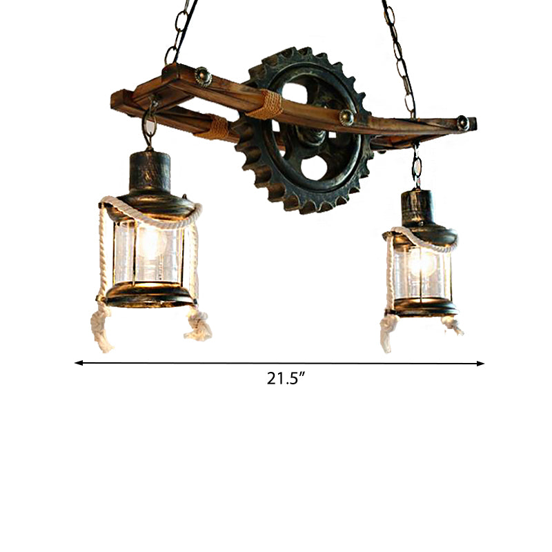 2 Lights Ceiling Light Coastal Kerosene Clear Glass Hanging Chandelier in Bronze with Gear Clearhalo 'Cast Iron' 'Ceiling Lights' 'Chandeliers' 'Industrial Chandeliers' 'Industrial' 'Metal' 'Middle Century Chandeliers' 'Rustic Chandeliers' 'Tiffany' Lighting' 209186