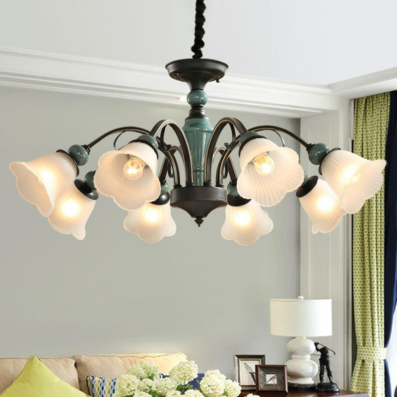 Floral Frosted Opal Glass Chandelier Pendant Light Vintage Living Room Hanging Light in Green 8 Green Down Clearhalo 'Ceiling Lights' 'Chandeliers' 'Glass shade' 'Glass' Lighting' 2091870