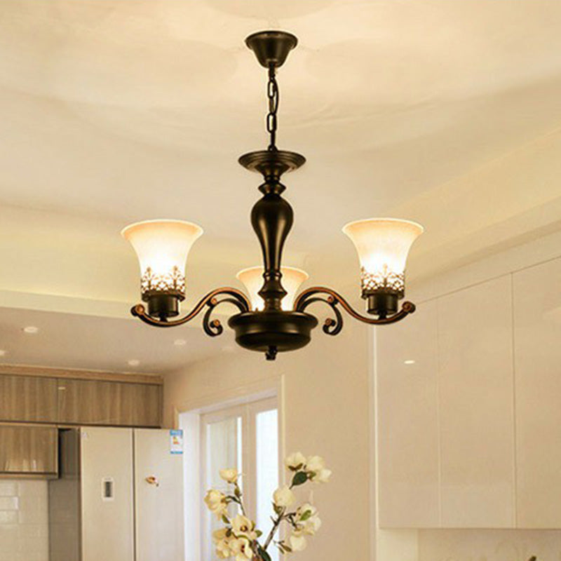 Cream Glass Flare Chandelier Light Retro Living Room Pendant Light Fixture in Black Clearhalo 'Ceiling Lights' 'Chandeliers' Lighting' options 2091882