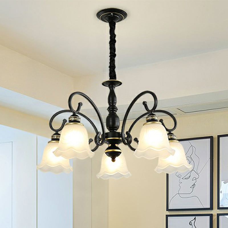 Rustic Bell Shade Suspension Light White Glass Chandelier Light with Ruffle Trim for Dining Room Clearhalo 'Ceiling Lights' 'Chandeliers' Lighting' options 2091889