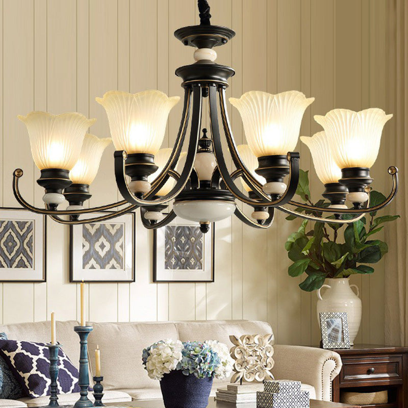 Flower Shaped Frosted Glass Chandelier Lighting Classic Dining Room Pendant Light in Black 8 Black Clearhalo 'Ceiling Lights' 'Chandeliers' Lighting' options 2091892_20559ff8-114e-4dd4-a2f3-3e46eff5453c