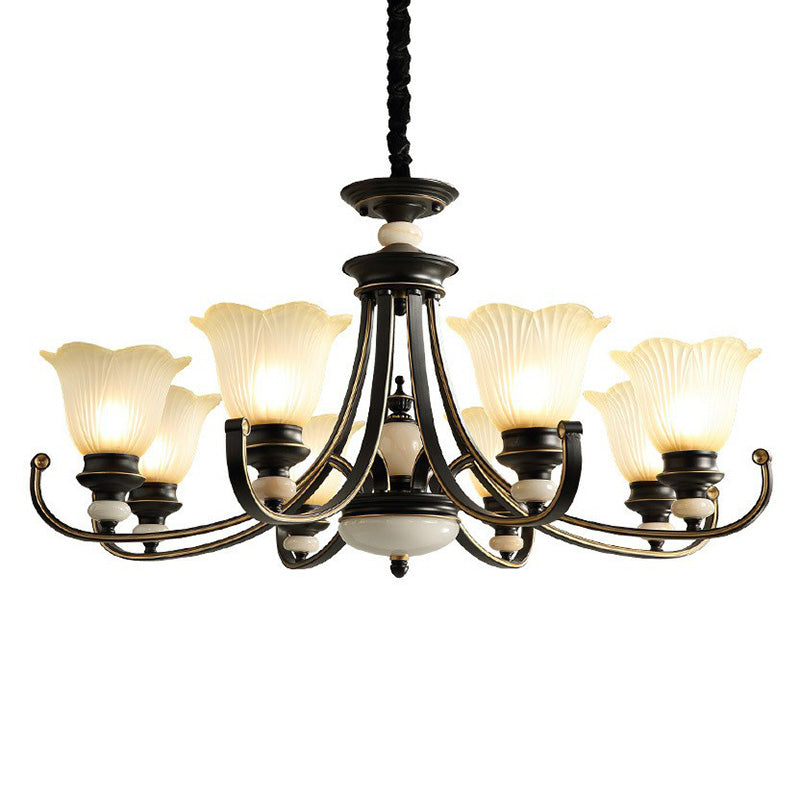 Flower Shaped Frosted Glass Chandelier Lighting Classic Dining Room Pendant Light in Black Clearhalo 'Ceiling Lights' 'Chandeliers' Lighting' options 2091893