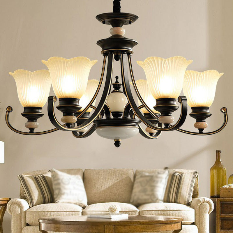 Flower Shaped Frosted Glass Chandelier Lighting Classic Dining Room Pendant Light in Black 6 Black Clearhalo 'Ceiling Lights' 'Chandeliers' Lighting' options 2091894_44ae77fd-8966-4fe2-8eb2-4dce1efe96e7