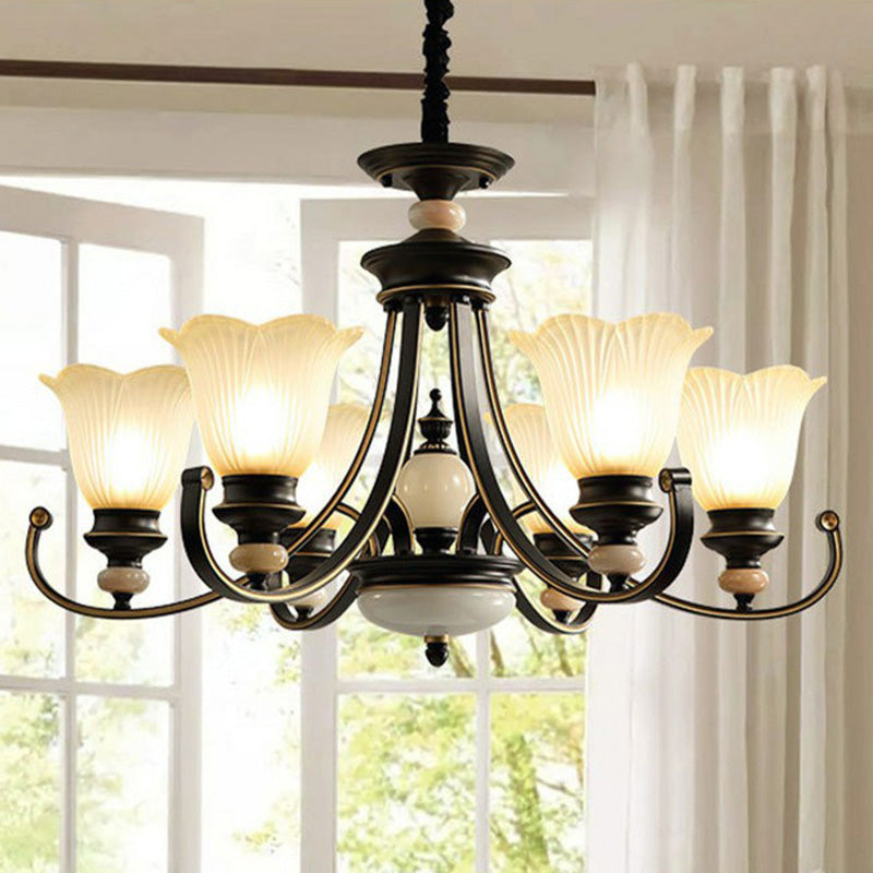 Flower Shaped Frosted Glass Chandelier Lighting Classic Dining Room Pendant Light in Black Clearhalo 'Ceiling Lights' 'Chandeliers' Lighting' options 2091895