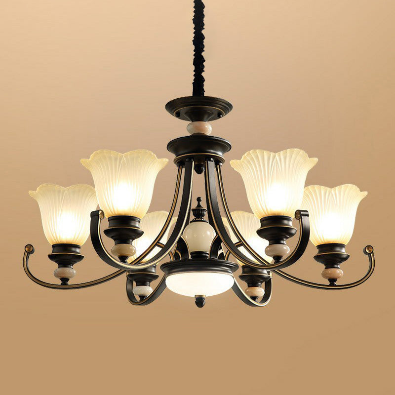 Flower Shaped Frosted Glass Chandelier Lighting Classic Dining Room Pendant Light in Black Clearhalo 'Ceiling Lights' 'Chandeliers' Lighting' options 2091897