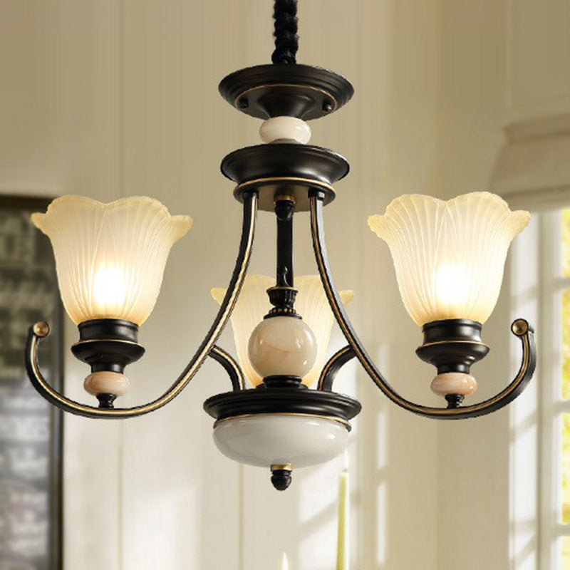 Flower Shaped Frosted Glass Chandelier Lighting Classic Dining Room Pendant Light in Black 3 Black Clearhalo 'Ceiling Lights' 'Chandeliers' Lighting' options 2091898_e3f6105d-ffb3-4dfc-853c-8b96ad040e21