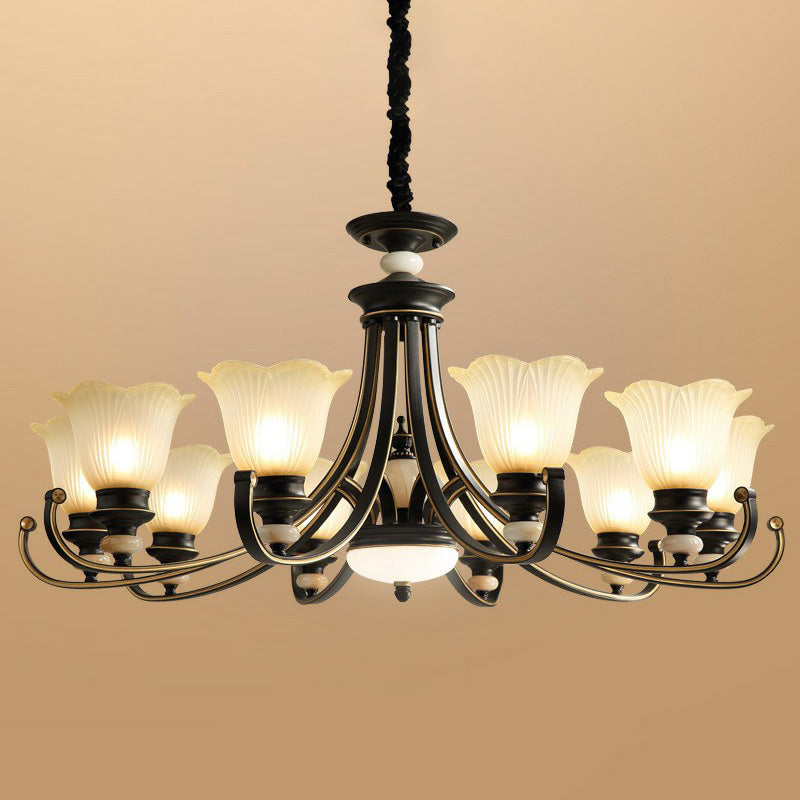 Flower Shaped Frosted Glass Chandelier Lighting Classic Dining Room Pendant Light in Black Clearhalo 'Ceiling Lights' 'Chandeliers' Lighting' options 2091901