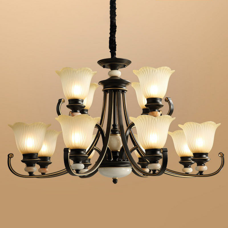 Flower Shaped Frosted Glass Chandelier Lighting Classic Dining Room Pendant Light in Black Clearhalo 'Ceiling Lights' 'Chandeliers' Lighting' options 2091902