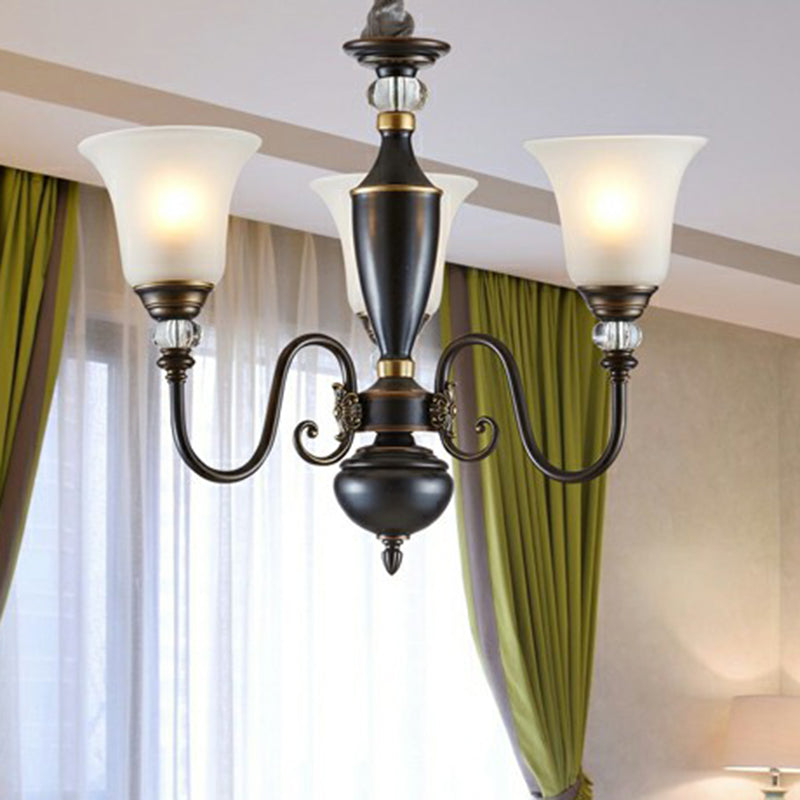 Black Curved Chandelier Pendant Light Vintage Iron Living Room Hanging Light with Bell Opal Glass Shade 3 Black Clearhalo 'Ceiling Lights' 'Chandeliers' Lighting' options 2091916_0fe6f489-3c5f-427e-861b-79bc338afaaf