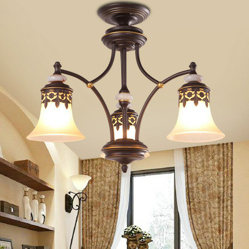 Flared Shade Living Room Chandelier Light Retro Frost Glass Brown Pendant Light Fixture 3 Brown Down Clearhalo 'Ceiling Lights' 'Chandeliers' Lighting' options 2091917_239fcca9-7ae0-425d-acea-99b8694c8370