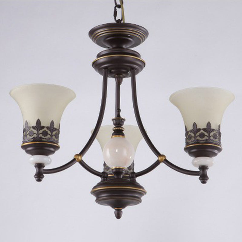 Flared Shade Living Room Chandelier Light Retro Frost Glass Brown Pendant Light Fixture Clearhalo 'Ceiling Lights' 'Chandeliers' Lighting' options 2091918