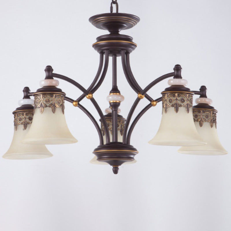 Flared Shade Living Room Chandelier Light Retro Frost Glass Brown Pendant Light Fixture 5 Brown Down Clearhalo 'Ceiling Lights' 'Chandeliers' Lighting' options 2091919_ec869096-fd85-4b61-a533-d25cfe22d163