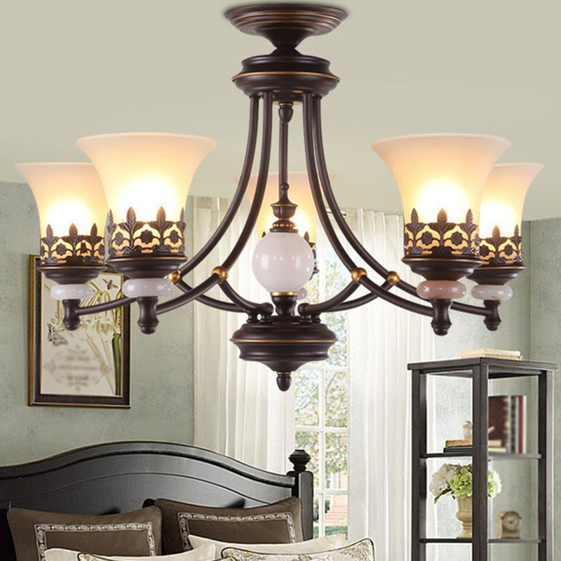 Flared Shade Living Room Chandelier Light Retro Frost Glass Brown Pendant Light Fixture 5 Brown Up Clearhalo 'Ceiling Lights' 'Chandeliers' Lighting' options 2091920_3cd25131-93a7-4de9-90bd-d99b21f528d0