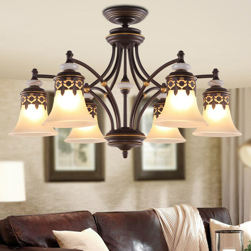 Flared Shade Living Room Chandelier Light Retro Frost Glass Brown Pendant Light Fixture Clearhalo 'Ceiling Lights' 'Chandeliers' Lighting' options 2091921