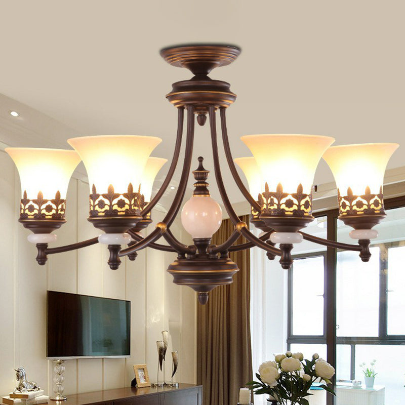 Flared Shade Living Room Chandelier Light Retro Frost Glass Brown Pendant Light Fixture Clearhalo 'Ceiling Lights' 'Chandeliers' Lighting' options 2091922