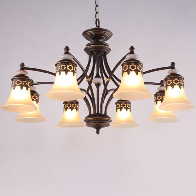 Flared Shade Living Room Chandelier Light Retro Frost Glass Brown Pendant Light Fixture 8 Brown Down Clearhalo 'Ceiling Lights' 'Chandeliers' Lighting' options 2091923_1a576832-4eb6-448d-9d3e-f7c6b1ec527c