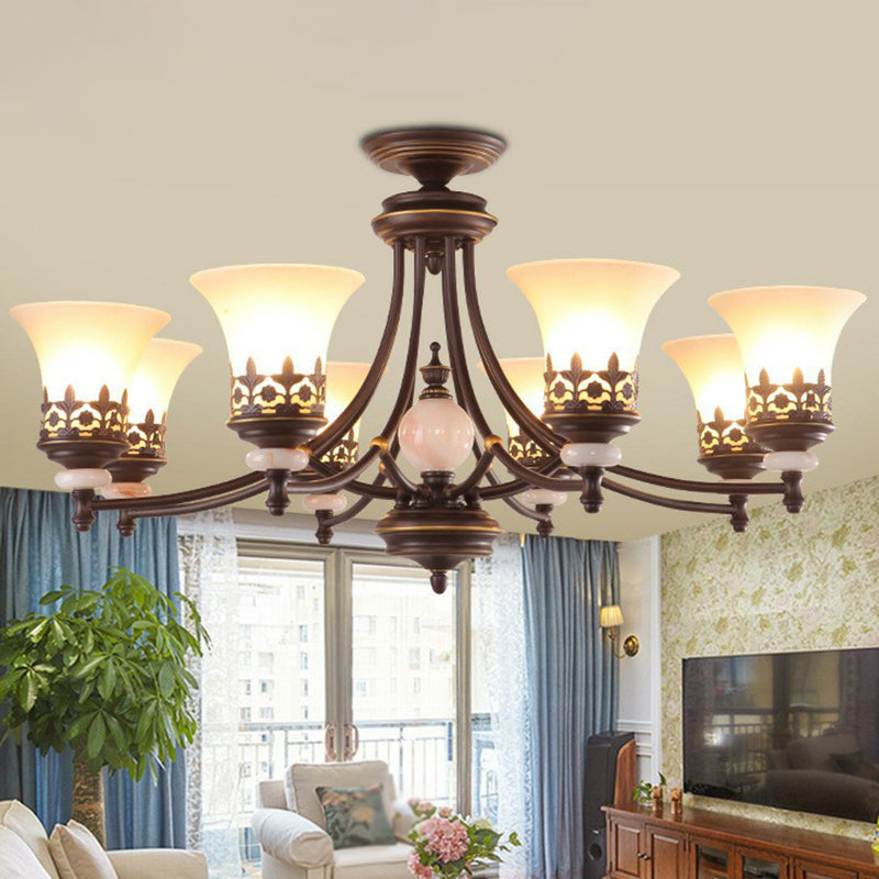 Flared Shade Living Room Chandelier Light Retro Frost Glass Brown Pendant Light Fixture Clearhalo 'Ceiling Lights' 'Chandeliers' Lighting' options 2091924