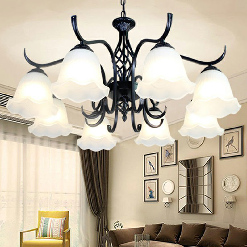 Rustic Bell Shade Ceiling Lighting Cream Glass Chandelier Light Fixture in Black for Bedroom 8 Black A Clearhalo 'Ceiling Lights' 'Chandeliers' 'Glass shade' 'Glass' Lighting' 2091928