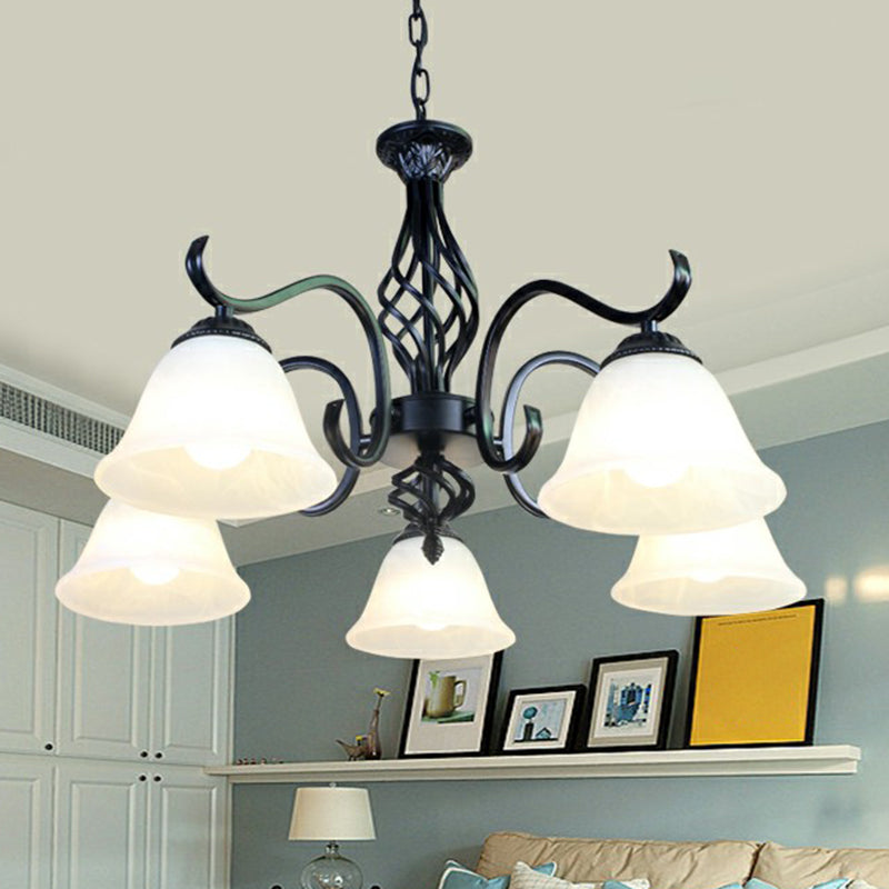 Rustic Bell Shade Ceiling Lighting Cream Glass Chandelier Light Fixture in Black for Bedroom 5 Black B Clearhalo 'Ceiling Lights' 'Chandeliers' 'Glass shade' 'Glass' Lighting' 2091931