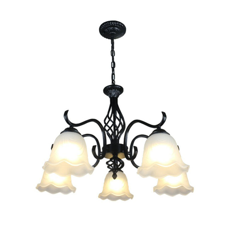 Rustic Bell Shade Ceiling Lighting Cream Glass Chandelier Light Fixture in Black for Bedroom Clearhalo 'Ceiling Lights' 'Chandeliers' 'Glass shade' 'Glass' Lighting' 2091933