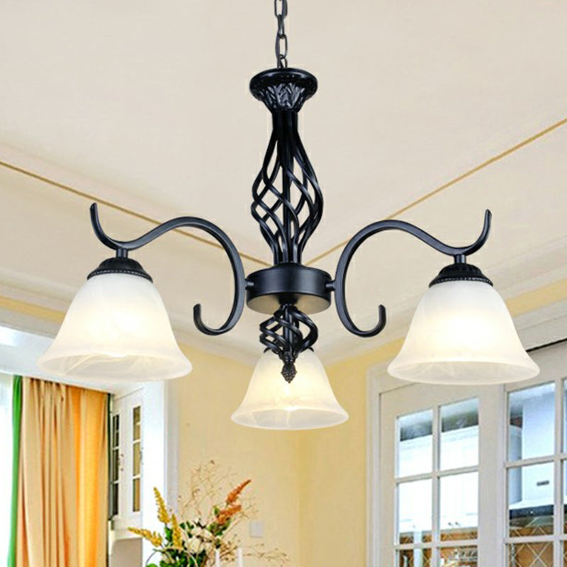 Rustic Bell Shade Ceiling Lighting Cream Glass Chandelier Light Fixture in Black for Bedroom 3 Black B Clearhalo 'Ceiling Lights' 'Chandeliers' 'Glass shade' 'Glass' Lighting' 2091934