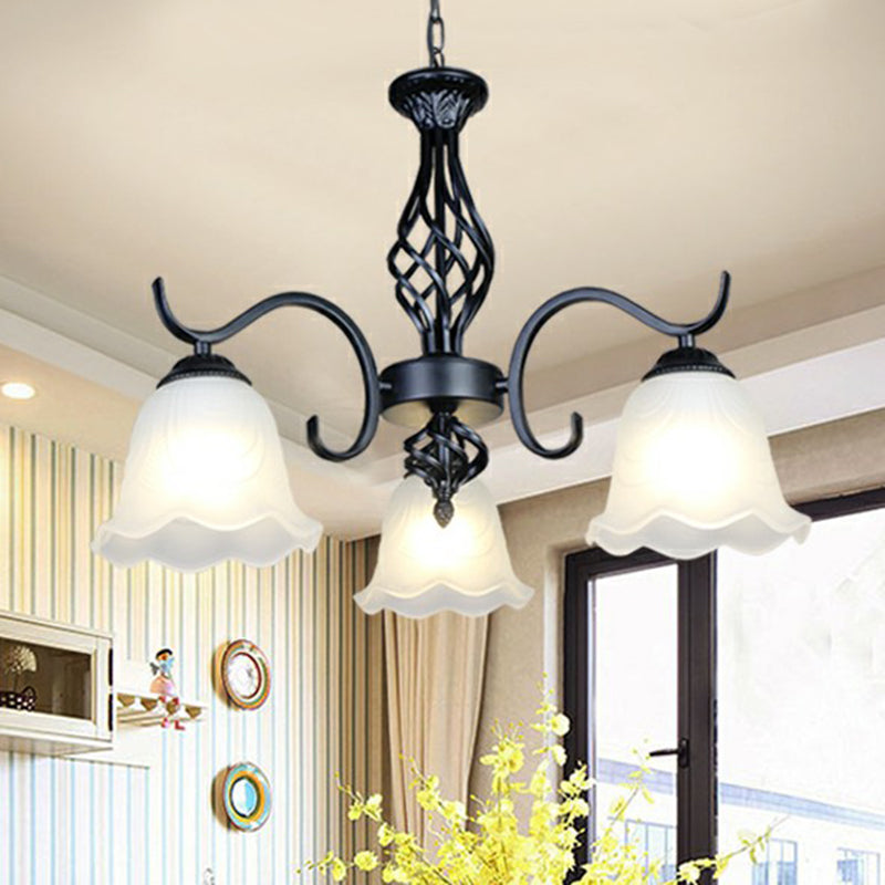 Rustic Bell Shade Ceiling Lighting Cream Glass Chandelier Light Fixture in Black for Bedroom 3 Black A Clearhalo 'Ceiling Lights' 'Chandeliers' 'Glass shade' 'Glass' Lighting' 2091935