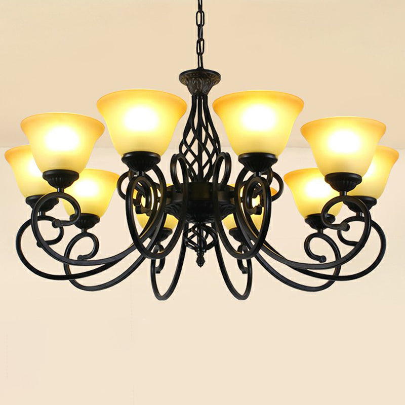 Swirled Arm Metallic Chandelier Pendant Light Vintage Living Room Hanging Light with Bell Frost Glass Shade 10 Tan Clearhalo 'Ceiling Lights' 'Chandeliers' Lighting' options 2091936_5cd69f79-7359-4e38-8b96-9e21e7d594fb