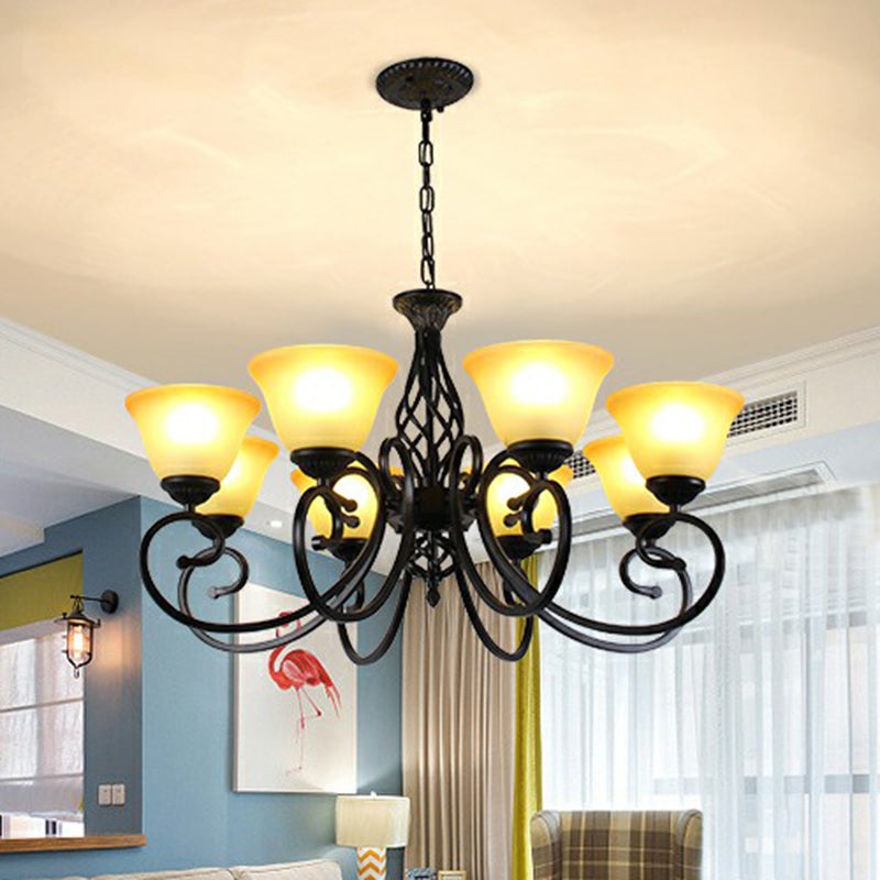 Swirled Arm Metallic Chandelier Pendant Light Vintage Living Room Hanging Light with Bell Frost Glass Shade Clearhalo 'Ceiling Lights' 'Chandeliers' Lighting' options 2091937