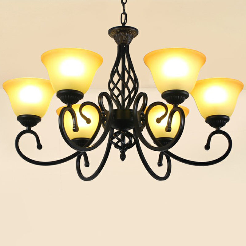 Swirled Arm Metallic Chandelier Pendant Light Vintage Living Room Hanging Light with Bell Frost Glass Shade 6 Tan Clearhalo 'Ceiling Lights' 'Chandeliers' Lighting' options 2091938_7c65995c-05f6-4ebb-ac14-31696faaa847