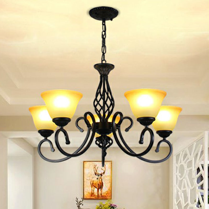 Swirled Arm Metallic Chandelier Pendant Light Vintage Living Room Hanging Light with Bell Frost Glass Shade Clearhalo 'Ceiling Lights' 'Chandeliers' Lighting' options 2091939