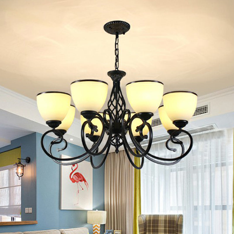 Swirled Arm Metallic Chandelier Pendant Light Vintage Living Room Hanging Light with Bell Frost Glass Shade Clearhalo 'Ceiling Lights' 'Chandeliers' Lighting' options 2091942