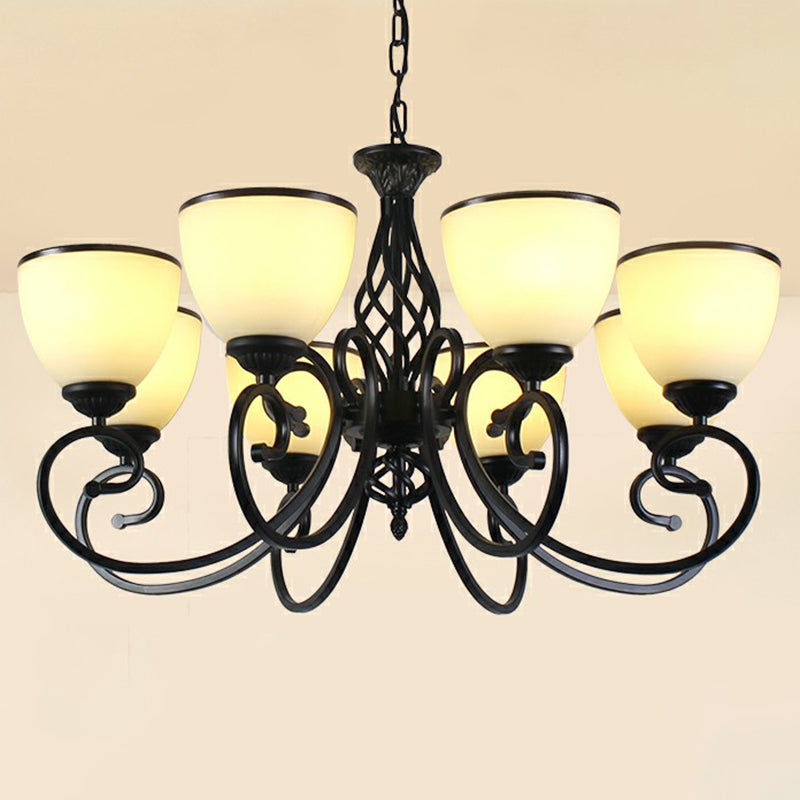 Swirled Arm Metallic Chandelier Pendant Light Vintage Living Room Hanging Light with Bell Frost Glass Shade Clearhalo 'Ceiling Lights' 'Chandeliers' Lighting' options 2091943