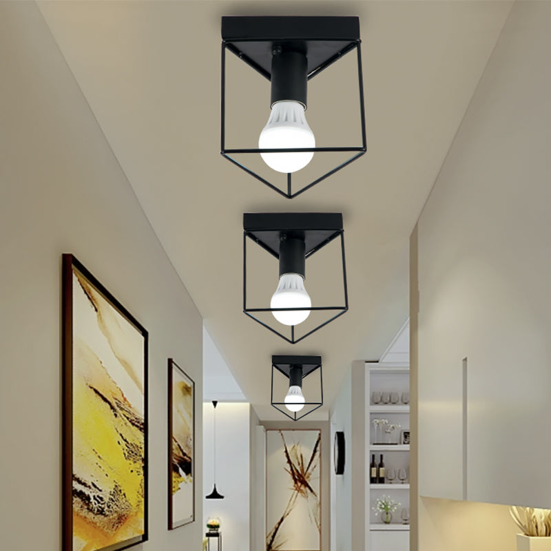 1 Light Metal Flush Light Fixture Black/White Industrial Triangle/Hexagon Living Room Ceiling Lighting Black Triangle Clearhalo 'Ceiling Lights' 'Close To Ceiling Lights' 'Close to ceiling' 'Semi-flushmount' Lighting' 209197